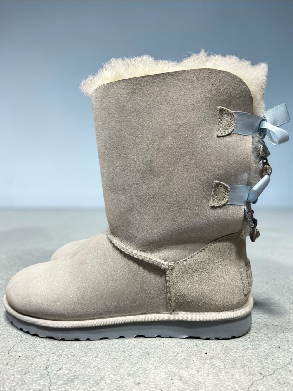 UGG Bailey Bow Bling SWAROVSKI Crystal Charm Boots Shimmer Sheepskin Blue Size 9 - Picture 8 of 16